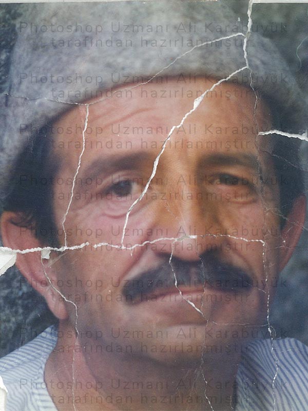 yırtık, solmuş ve netlik sorunu olan yaşlı bir adam portresinin onarım ve netleme öncesi hali