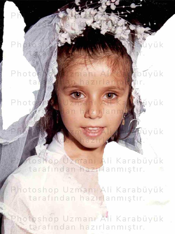 Ankara'dan gelen, yırtık, eksik, solmuş ve bulanık gelinlikli küçük bir kız çocuğunun fotoğrafının onarım, tamamlama ve netleme öncesi hali.