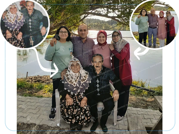 Çocukluk fotolarının aynı kart üzerine eklenmesi yapılmıştır. Müşterinin talebi üzerine istenilen yazılar eklenmiştir., Kişi çalışmayı çok beğendi