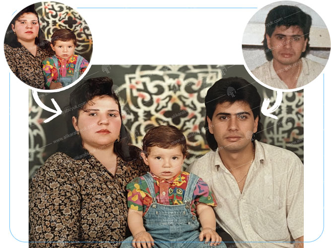 Anne ve çocuğunun beraber çekilmiş fotosuna, sonradan rahmetli babanın fotosu eklendi Babanın eski fotosu aynı kaliite ve uygun vücut pozisyonuna getirildi.