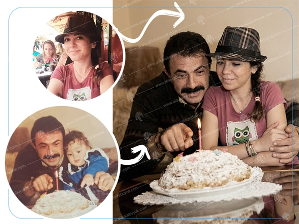Vefat eden babasından kalan babası ile tek fotosuna şuan ki halini ekleyerek, çok güzel ve anlamlı bir fotoğraf karesi oluşturduk.