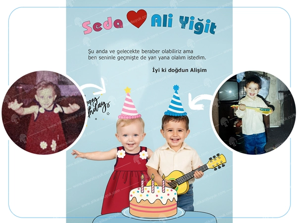 Çocukluk fotolarının aynı kart üzerine eklenmesi yapılmıştır. Müşterinin talebi üzerine istenilen yazılar eklenmiştir., Kişi çalışmayı çok beğendi