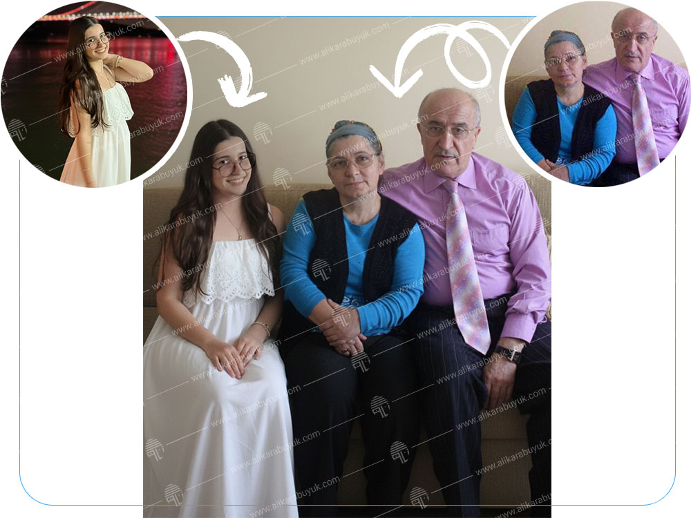 Kız torun dede ve babanesi ile yan yana getirlmesini istedi. Photoshop fotomontaj işlemlerinde dilediğiniz kişilerle aynı karede ekleme yapılır.