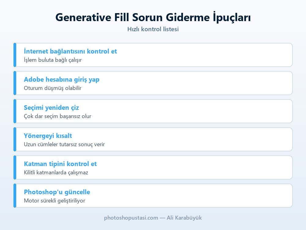 Photoshop Generative Fill sorun giderirken dikkat edilecek noktalar listesi