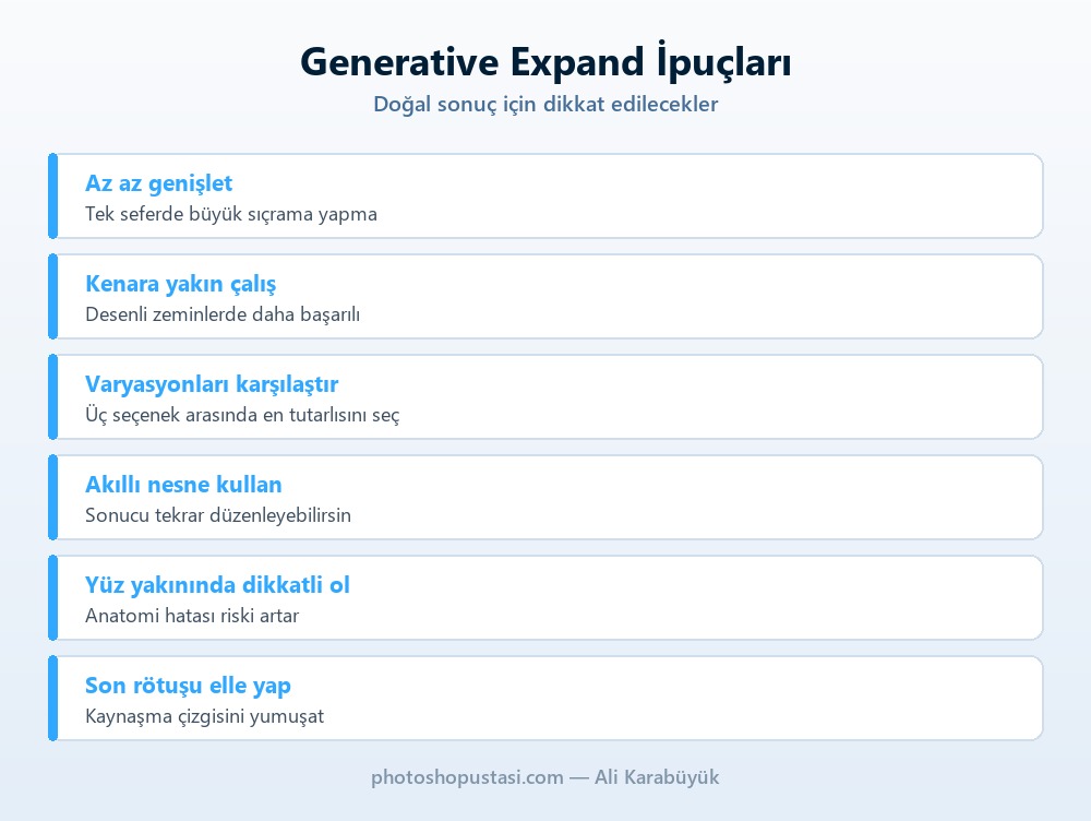 Photoshop Generative Expand kullanırken dikkat edilecek noktalar listesi