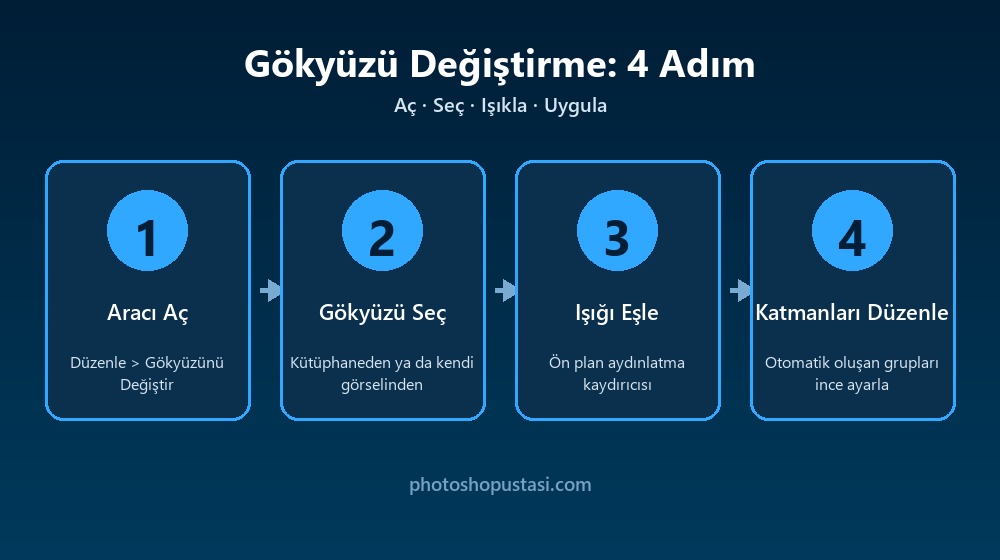 Photoshop'ta gökyüzü değiştirmenin dört adımı