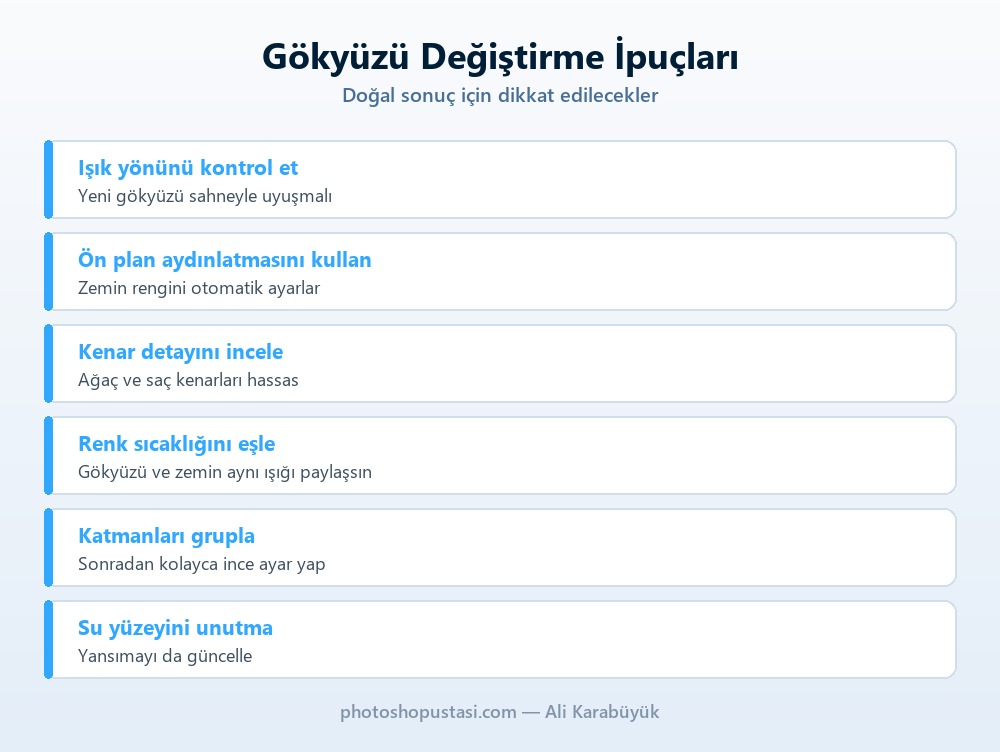 Photoshop gökyüzü değiştirmede dikkat edilecek noktalar listesi