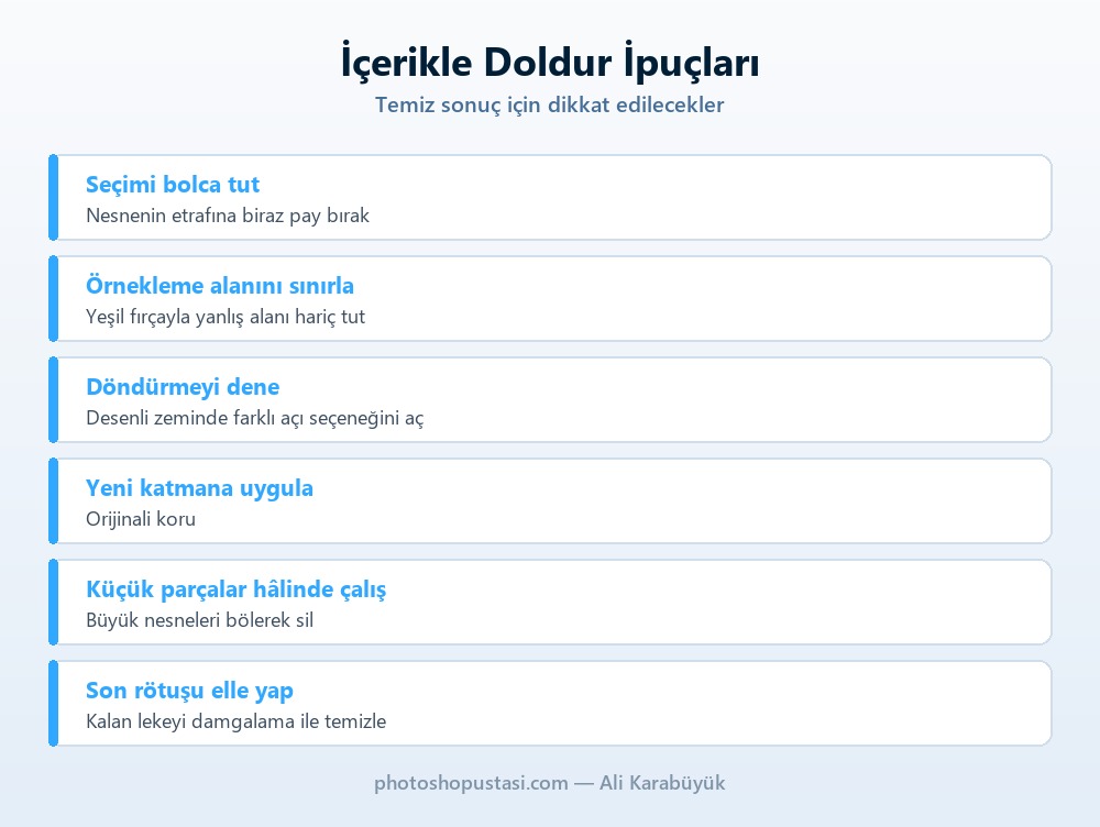 Photoshop İçerikle Doldur kullanırken dikkat edilecek noktalar listesi
