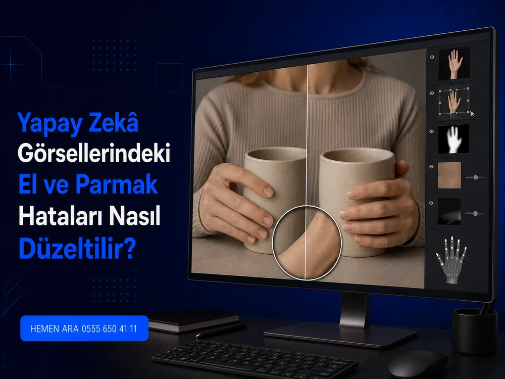 Yapay zekâ ile üretilen görseldeki el hatasının Photoshop'ta düzeltilmesi
